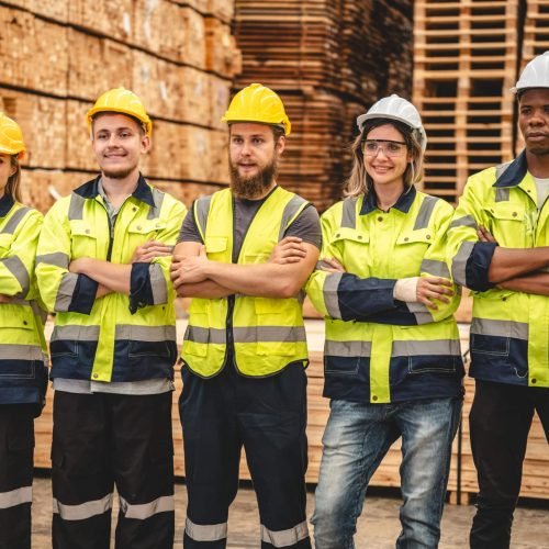 professional carpenter business team in carpenter's shop industry warehouse, factory technician engineer teamwork of craftsman on background of wood construction workshop and furniture tool equipment